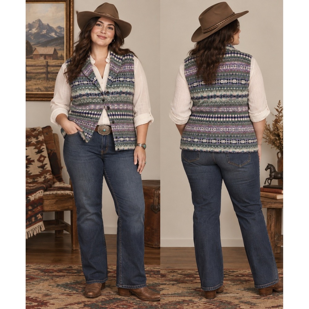 Chaps Ralph Lauren Fair Isle Sweater Vest Womens PXL Green Boho Rustic Country